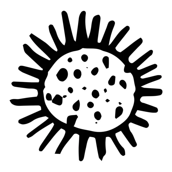 Mikroba adalah ikon berbentuk bulat. Sebuah gambar bakteri dengan banyak tentakel lurus pendek, dan titik-titik di dalam lingkaran yang digambar dengan tangan dengan garis hitam dalam gaya corat-coret pada latar belakang putih untuk - Stok Vektor