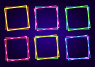 Neon kare çok renkli çerçeveler. Neon çerçeve seti. Kare şekilli neon şablonlar koleksiyonu, mavi, mor, pembe, sarı ve yeşil renkli çift hatlı bir çizgi, içinde metin için bir yer olan bir işaret koyu renkli bir renkte parlıyor.