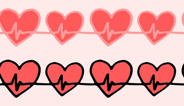 Ensemble Lignes Cardiaques Avec Une Impulsion Rouge Dessiné Main Dans — Image vectorielle
