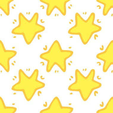 Sarı bir yıldızın deseni. Karalama tarzı vuruşları olan kusursuz bir yıldız deseni, parlak sarı renk, bir tasarım şablonu için beyaz bir arkaplana rastgele yerleştirilir..