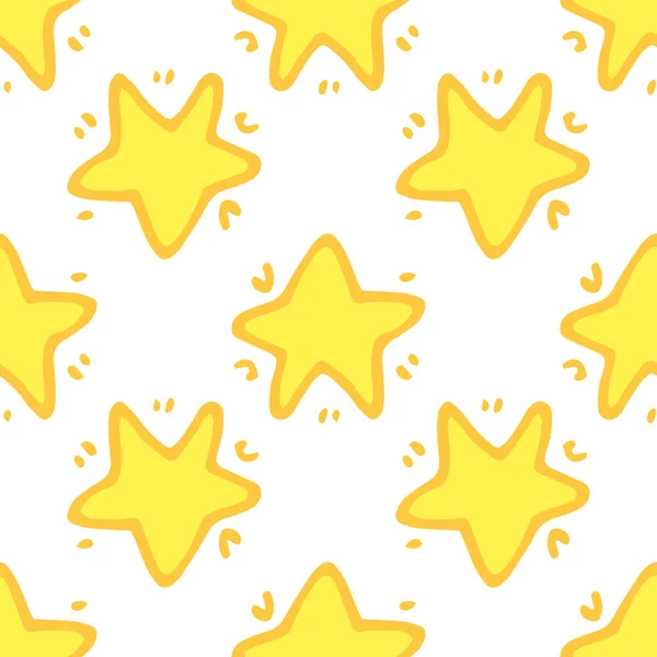 黄色の星のパターンです ドアスタイルのストロークを持つ星のシームレスなパターン 明るい黄色の色はランダムにデザインテンプレートの白い背景に配置されます — ストックベクタ