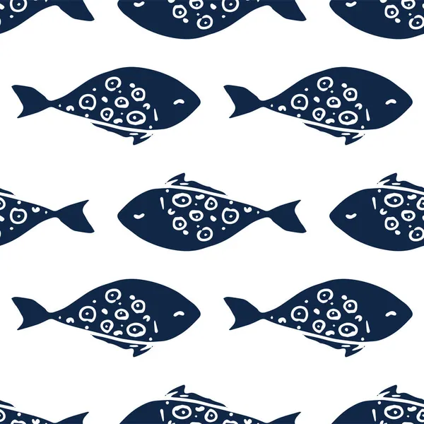 Patrón Pescado Azul Oscuro Patrón Sin Costuras Peces Mar Dibujado — Vector de stock