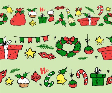 Düz bir Noel sınırı seti. Noel kutusundan, Noel çelenginden, kırmızı, çorap, lolipop yeşili ve sarı yıldızlardan yılbaşı ve yeni yıl tasarım şablonu için izole edilmiş uzun ve pürüzsüz bir koleksiyon. Kare şablonu. dizayn.