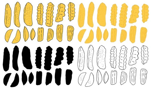 Un ensemble de tranches de pommes de terre jaunes. Ensemble vectoriel d'éléments isolés de différents types de frites, frites, rustique, tranches, dessinées à la main dans un style croquis avec une ligne noire et une couleur jaune sur un blanc — Image vectorielle