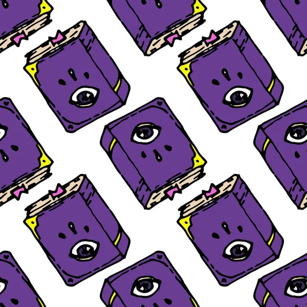Patrón Libro Púrpura Con Ojo Patrón Sin Costuras Del Libro — Vector de stock