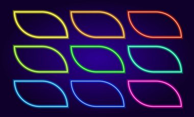 Neon set yuvarlak dikdörtgen. Kıvrımlı kenarları olan bir uzun form çerçeve koleksiyonu, karanlıkta farklı parlak renklerle parlar, içinde boş bir boşluk vardır. Kırmızı neon, açık arkaplanda yuvarlak bir dikdörtgen oluşturur. Soyut arkaplan