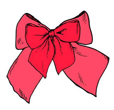 Kırmızı arka fonda el çizimi hediye kartı. Kırmızı çift taraflı kırmızı fiyonk. Tasarım şablonu için beyaz arka planda siyah çizgili, şenlikli parlak kırmızı kurdeleli çifte yay.