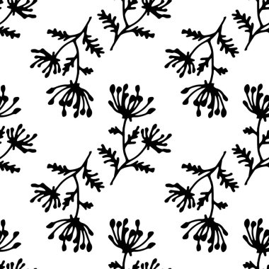 Dereotundan bir desen. Tohum ve yapraklardan oluşan takımyıldızları olan karalama tarzı bitkinin kusursuz deseni, doğal bir çiçek deseni için beyaz üzerine izole edilmiş siyah çizgiler. Kusursuz soyut desen, doku izi