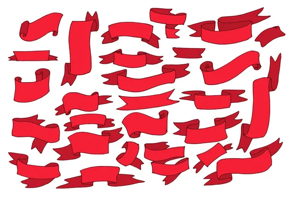 Рука Намальована Набір Різних Стрічок Набір Різних Червоних Стрічок Колекція — стоковий вектор