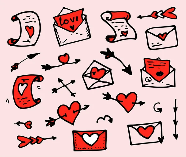 Ein Satz Schriftrollen Und Umschläge Mit Buchstaben Mit Roten Herzen — Stockvektor
