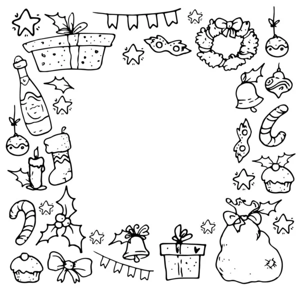 圣诞节的矢量框架 圣诞公公的书包 香槟酒 冬青花 星星黑色的轮廓在白色的背景上 里面有一个空白的文字空间 Bl上卡通风格的Doodle正方形圣诞节模板 — 图库矢量图片