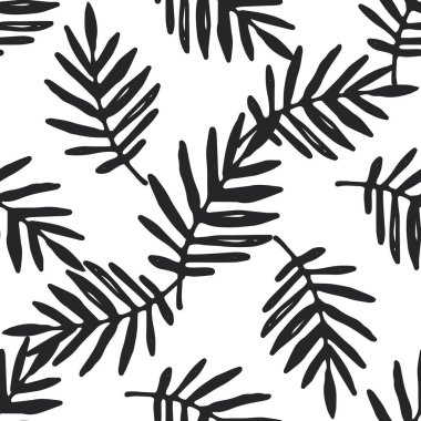 Bir Vektör, siyah tropikal yapraklardan oluşan bir desen. Yaprakları rastgele beyaz bir arkaplanda sıralanmış el yapımı karalama tarzı dalların kusursuz deseni