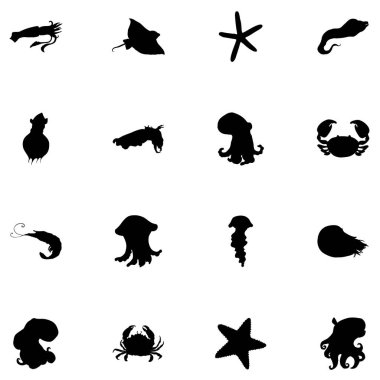 Bir dizi deniz hayvanı silueti. El yapımı deniz hayvanları koleksiyonu, siyah siluet simgeleri, tasarım şablonu için siyah üstüne beyaz. Konsept tasarım için hayvan deniz simgeleri silueti.