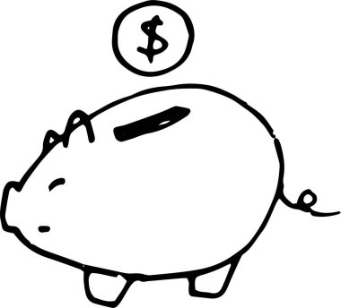 Parayla kumbaraları yönlendir. Küçük bir kumbaradan izole edilmiş, karalama tarzında bir domuz biçiminde, izole edilmiş siyah dış görünüş ve bir dolar değerinde para.