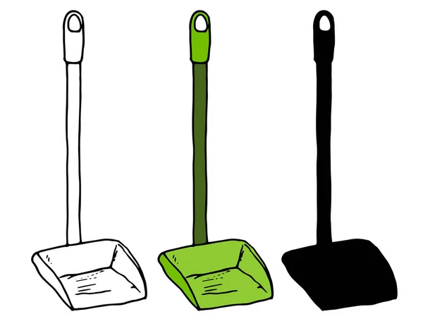 Vector Dustpan Set Green Shovel Sweeping Floor Style Sketch Long — Stock Vector