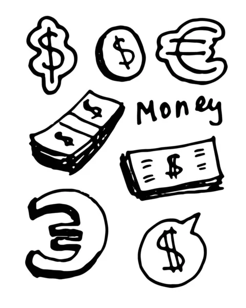 Vector Set Money Icons Hand Drawn Cash Dollar Coin Euro — Stock Vector