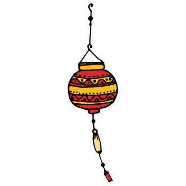 Kırmızı Çin fenerlerinin vektörü. Bir dizayn şablonu için beyaz üzerine siyah çizgili sarı çizgili düz bir Japon kırmızı tarzında izole bir element çizildi. Vintage vektör illüstrasyonu.