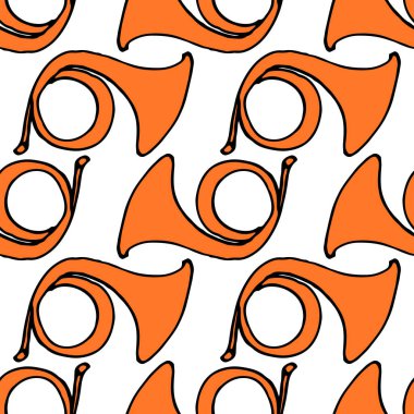 Turuncu bir trompetten bir desen oluşturun. Elle çizilmiş kavisli bir trompetin pürüzsüz deseni, karalama tarzında turuncu renkli bir enstrüman, genellikle beyaz arka planda siyah bir hatla çizilmiş. Retro biçimi.