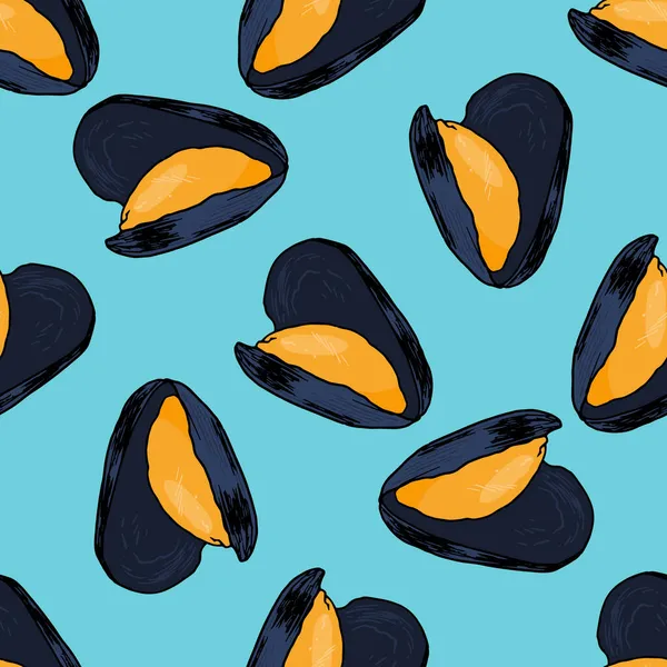向量的模式开放橙色贻贝与灰色壳 无缝手绘图案 风格为海产贻贝素描 随机设置为蓝色 作为设计模板 餐馆食品 — 图库矢量图片
