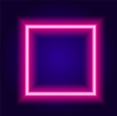 Pembe neon kare vektörü. Çerçeve kare şeklindedir, pembe çizgilerle karanlıkta parlak bir şekilde parlar, içinde romantik bir tasarım şablonu için koyu mavi bir arkaplanda metin için boş bir boşluk vardır.