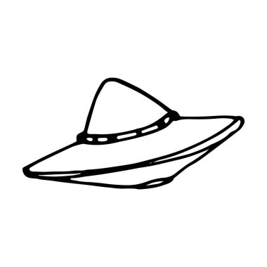 Doğrusal vektör uçan daire UFO. Uzaylı gemisi, karalama tarzında elle çizilmiştir. Evren dizisi şablonu için beyaz üzerine siyah izole edilmiş ana hat.