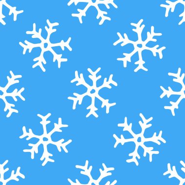 Mavi arka planda kusursuz beyaz kar taneleri deseni. Mavi arka planda beyaz kar tanelerinin kusursuz deseni. Beyaz bir kar tanesinin vektör deseni beyaz bir karalama tarzında çizilmiş ve mavi bir arka plan üzerine rastgele yerleştirilmiş.