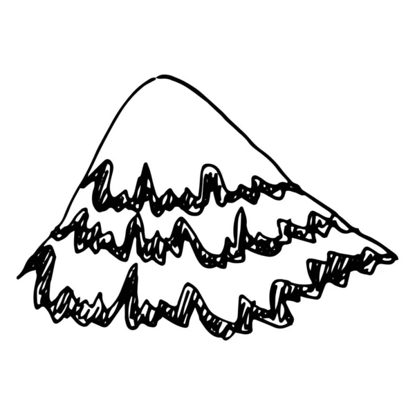 Uma montanha com um padrão de linhas onduladas e traços. colina desenhada à mão em estilo esboço em preto, isolado por uma linha em branco para design de modelo. montanha branca e preta montanha de neve — Vetor de Stock