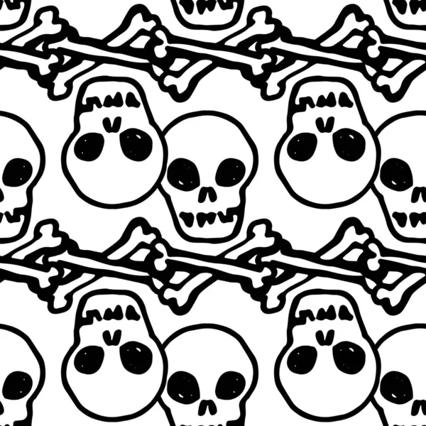 Ein Muster aus Schädel und Kreuzknochen. nahtloses Muster eines handgezeichneten menschlichen Schädels mit Kreuzknochen, schwarze Umrisse in horizontalen Streifen auf weiß für eine Designvorlage angeordnet — Stockvektor