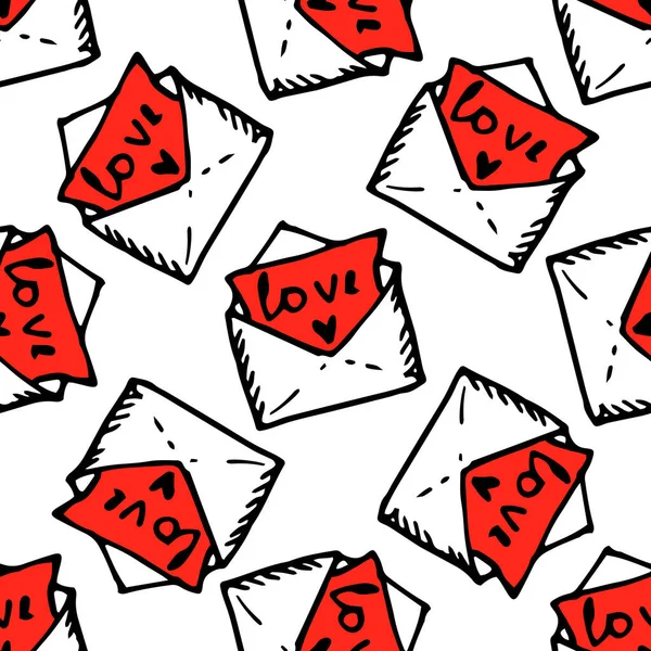 Un motif d'une lettre d'amour rouge. motif sans couture d'une enveloppe ouverte de style gribouillis dessinée à la main avec reconnaissance sur blanc pour un modèle de vacances Valentines — Image vectorielle