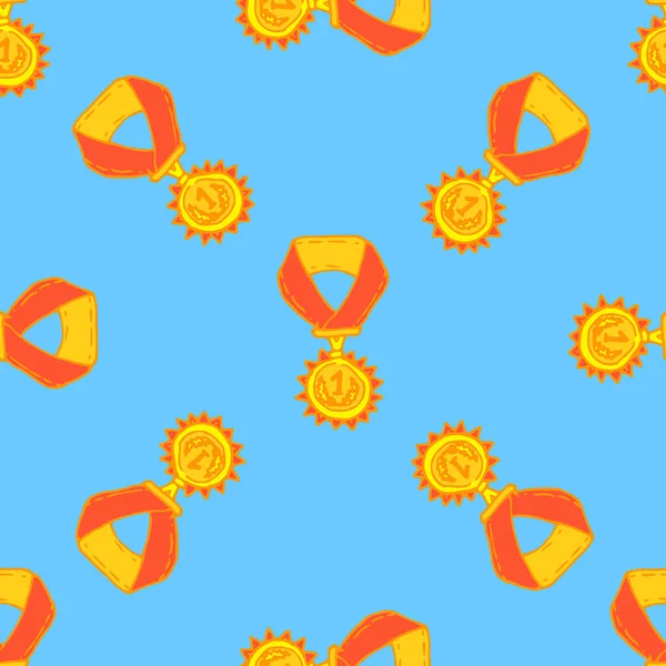 Gold medal pattern on an orange ribbon. The seamless pattern of the yellow medal with a laurel wreath and a number drawn in the style of a doodle is randomly placed on a blue background, for the Royalty Free Stock Illustrations