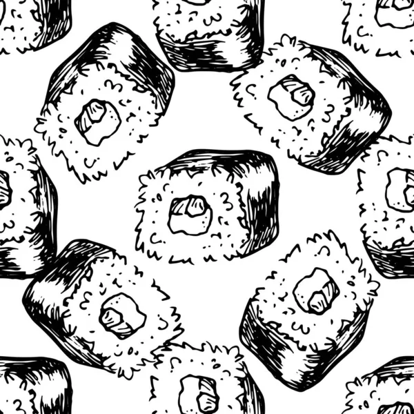 Бесшовный суши-ролл. Ручной рисунок геометрического узора суши рулон в японском стиле, квадратная форма с рисом и начинка изолированные черные контуры на белом для дизайна шаблона упаковки — стоковый вектор