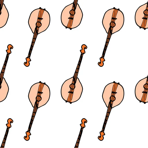 Bir mandolin deseni. Karalama stili dizili bir müzik enstrümanının kusursuz deseni. Beyaz üzerine Lute orange, üst manzara. Sarı mandolin laut deseni vintage biçimli vektör karalama