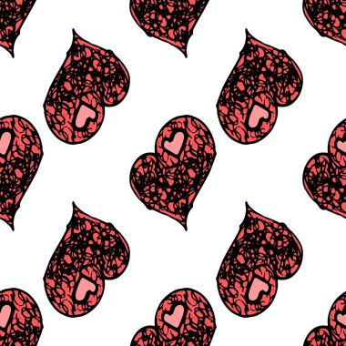 Kırmızı kalp karalaması deseni. Karmaşık çizgiler ve pembe bir kalp deseni olan el yapımı kırmızı bir kalbin kusursuz deseni. Sevgililer Günü 'nde izole edilmiş bir aşk sembolü.