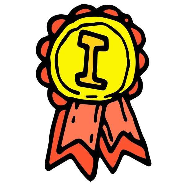 Gold medal with ribbons for first place in flat style. the order is drawn in the style of yellow round doodles with red ribbons. isolated black outline in black on a white background — Stock Vector