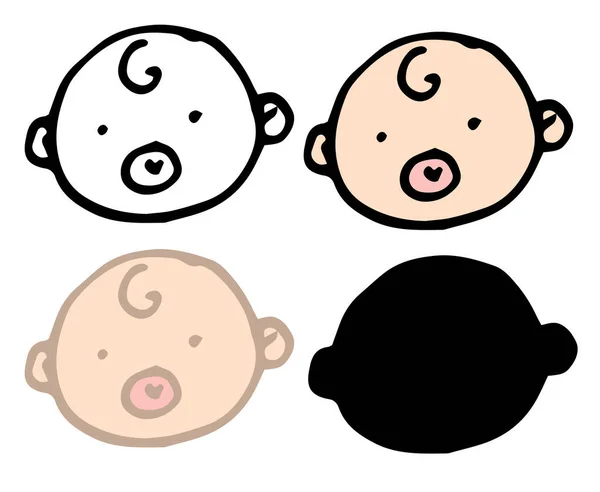 Yeni doğmuş bebeklerin beyazlar içindeki kafalarının simgeleri. Ağzında emzik olan bir bukle saçlı çocuk yüzü, bir logo için izole edilmiş siyah bir tezgah ve siluet şeklinde elle çizilmiş bir resim. — Stok Vektör