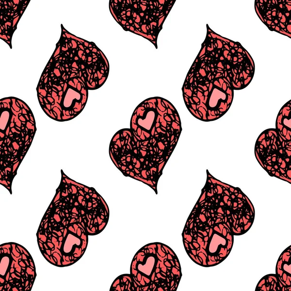 Muster roter Herzkritzeleien. nahtloses Muster eines handgezeichneten roten Herzens mit einer Textur aus einem Bündel verworrener Linien und einem rosa Herz, einem isolierten Liebessymbol auf einer weißen Valentinstag-Designvorlage — Stockvektor