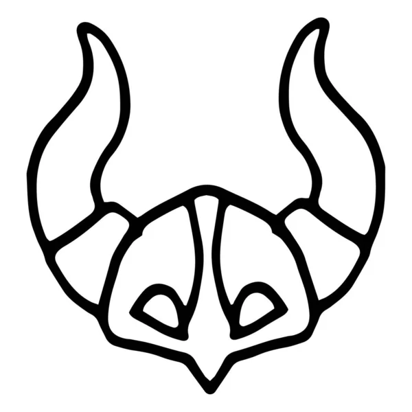 Hełm wikingów z rozcięciami na oczy i rogi. Vintage Skandynawski kask Doodle Style z rogami Widok z przodu, odizolowana czarna linia na białym wzorze wzornictwa — Wektor stockowy