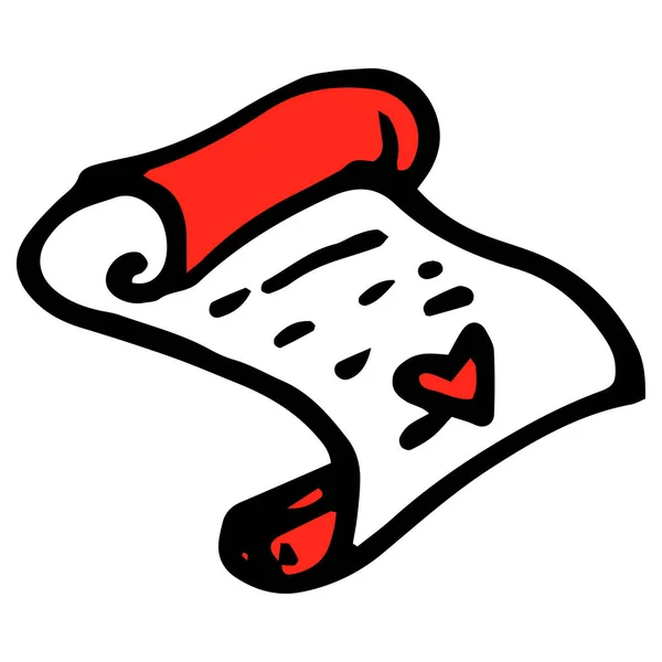 赤いハートの展開スクロール。バレンタインデザインのテンプレートのための落書きのスタイルで手書きの原稿、黒の隔離されたアウトライン — ストックベクタ