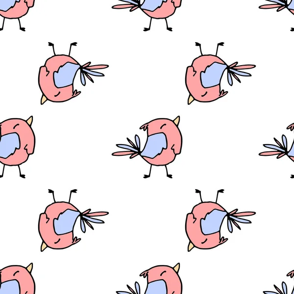 Vzor Kresleného Ptáka Bezproblémový Vzor Legračního Ptáčka Růžový Fialovým Křídlem — Stockový vektor