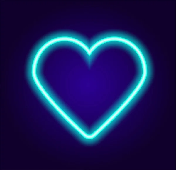 霓虹绿松石心形 抽象的心形符号在黑暗中闪烁着蓝色 深蓝色上孤立的轮廓 适合于夏隆设计 庆祝媒介背景 — 图库矢量图片
