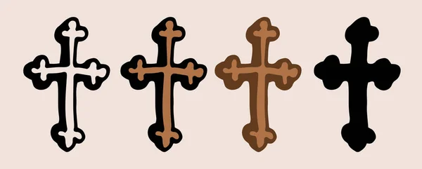 Icona Della Croce Marrone Insieme Varianti Stile Doodle Della Croce — Vettoriale Stock