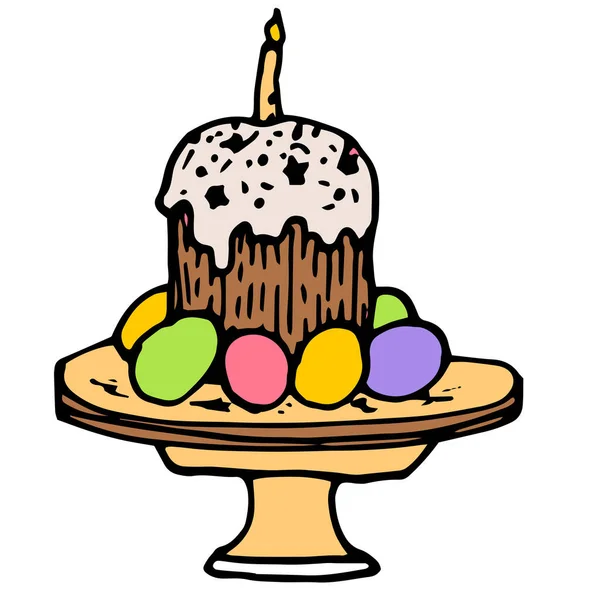Easter Σύμβολο Εικονίδιο Ένα Κέικ Ένα Αναμμένο Κερί Χρωματιστά Αυγά — Διανυσματικό Αρχείο