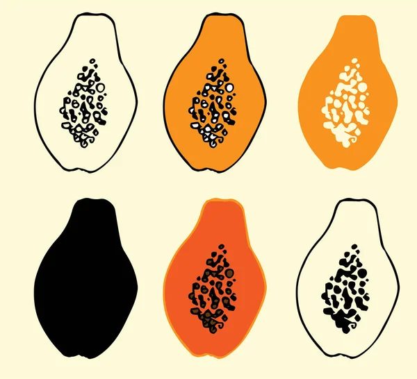 Vektör Portakallı Papaya Ikonlarının Bir Setini Izole Etti Siyah Ana — Stok Vektör