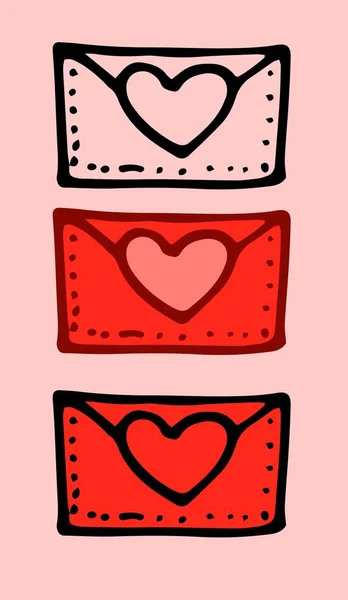 The icon of a red letter with a heart . A set of closed envelope, hand-drawn in the style of hand-drawn doodles with a heart on white in flat style, isolated black outline for the Valentines holiday — Stock Vector