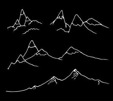 Pankart tasarımı için çizilmiş çizim dağları. El çizimi biçim vektörü. Vektör çizimi çizimi. İzole vektör çizimi. Siyah üzerine beyaz bir çizgi olan izole dağ elementlerini yönlendir. Klasik Dağ Sırtı basit karalama stili çizim