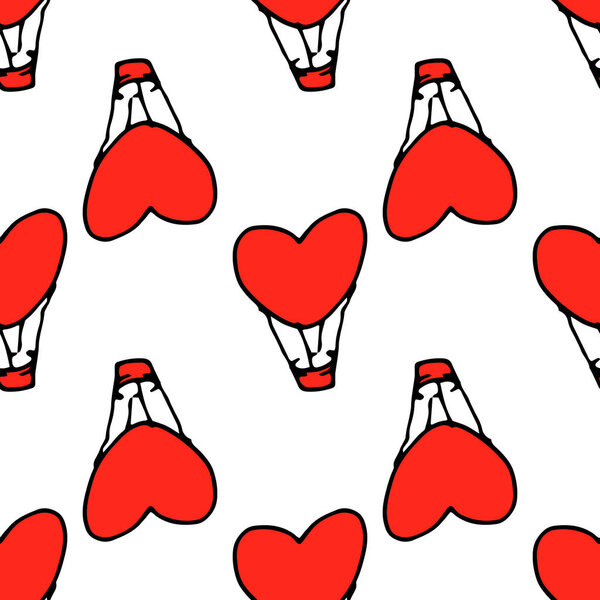 Vector drawing a pattern of a red balloon in the shape of a heart. A seamless pattern of a doodle-style, red romantic balloon is randomly placed on a white one for Valentine's Day. doodle red balloon pattern for fabric design