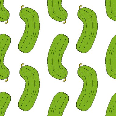 Vektör yeşil salatalık deseni. Eskiz tarzında kusursuz salatalık deseni, siyah dış hatlı ve sarı kabartmalı yeşil renk genellikle etiket tasarım şablonu, ambalaj arka planı için beyaz üzerine yerleştirilir.