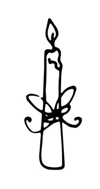 Uzun, ince, yanan bir mumu yayla yönlendir. Klasik Tasarım Şablonu İçin Beyaz Üzerine Karalamaların Siyah Tasarımlı El yapımı Hediye Mumları