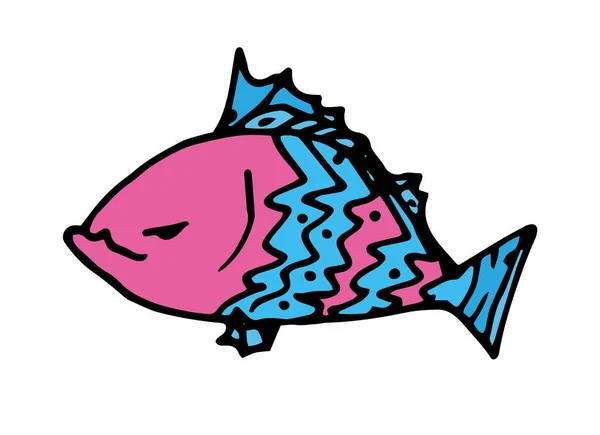 Colorido Doodle Fish Vector Piranha Insatisfeito Rosa Azul Desenhado Estilo — Vetor de Stock