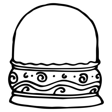 Kürsüdeki kar küresi boş. Tasarım şablonu için boş alan ile beyaz üzerine izole siyah ana hatları olan bir standın üzerinde düz, eskiz tarzı cam top ile el çizimi yuvarlak. Kutlama tasarımı için klasik illüstrasyon